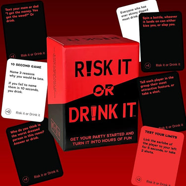 a red and black box with some cards on it